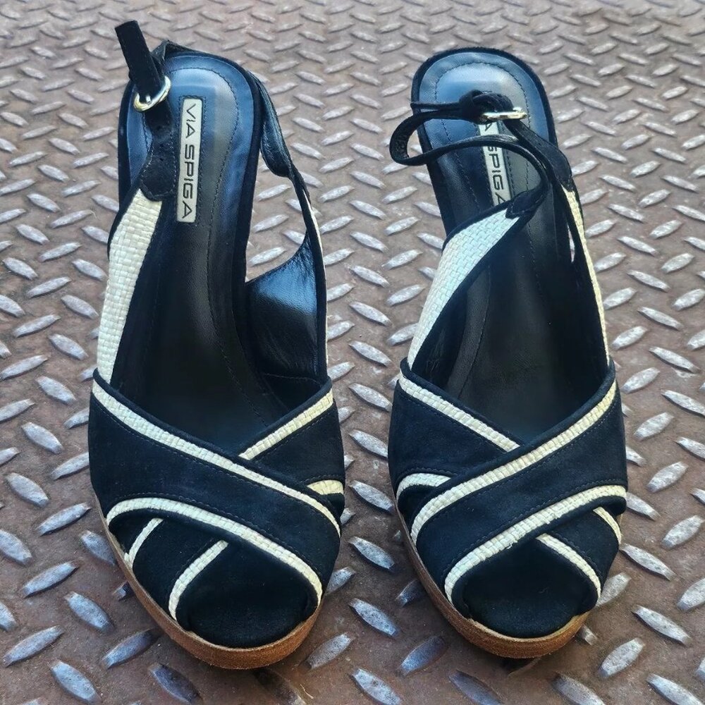 Via Spiga Ladies Sandal Heel Black/White Faux Suede Upper Shoes Brazil Size 9.5